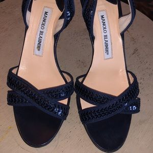 Manolo Blahnik Navy Sequin Sling back